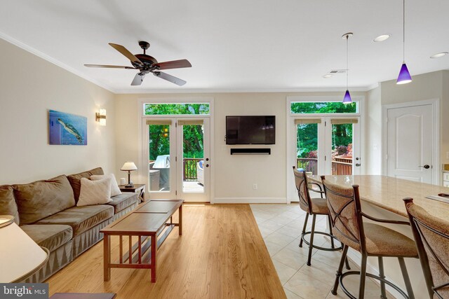 8162 Madrillon Ct, Vienna, VA 22182 - living room featuring crown molding, plenty of natural light, ceiling fan, recessed lighting, and light wood-style flooring
