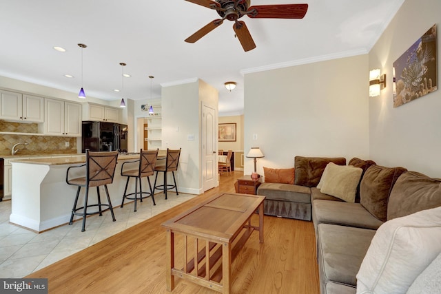 8162 Madrillon Ct, Vienna, VA 22182 - living room with a ceiling fan, crown molding, recessed lighting, and light wood-style floors
