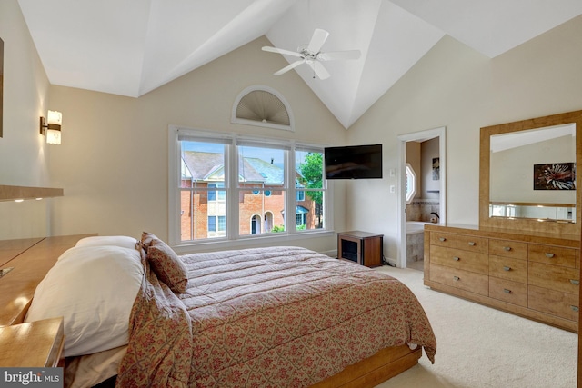 8162 Madrillon Ct, Vienna, VA 22182 - bedroom with light colored carpet, high vaulted ceiling, and ceiling fan