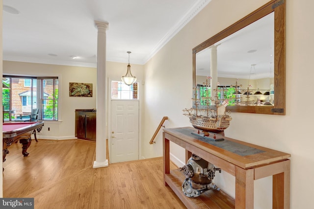 8162 Madrillon Ct, Vienna, VA 22182 - entryway with light wood-style floors, ornate columns, ornamental molding, and pool table