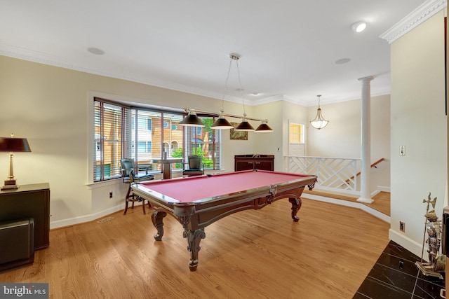 8162 Madrillon Ct, Vienna, VA 22182 - game room with billiards, ornamental molding, and light wood finished floors