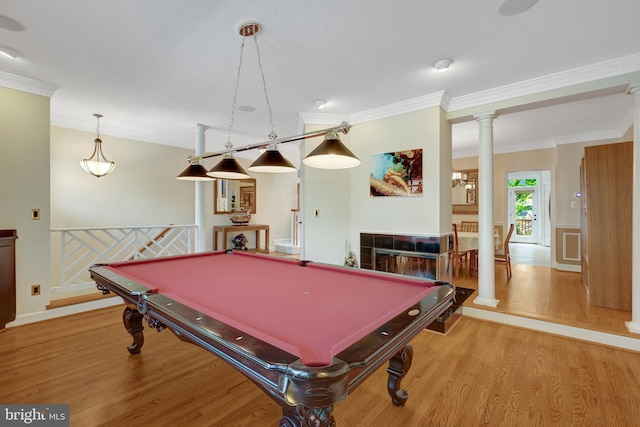 8162 Madrillon Ct, Vienna, VA 22182 - rec room featuring ornamental molding, wood finished floors, ornate columns, and pool table