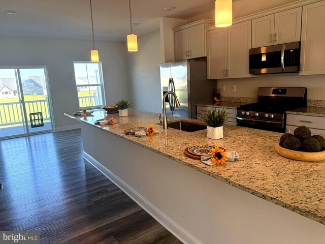 35146 Wright Way, Millsboro, DE 19966 - kitchen featuring stainless steel appliances, dark wood finished floors, white cabinets, pendant lighting, and light stone countertops