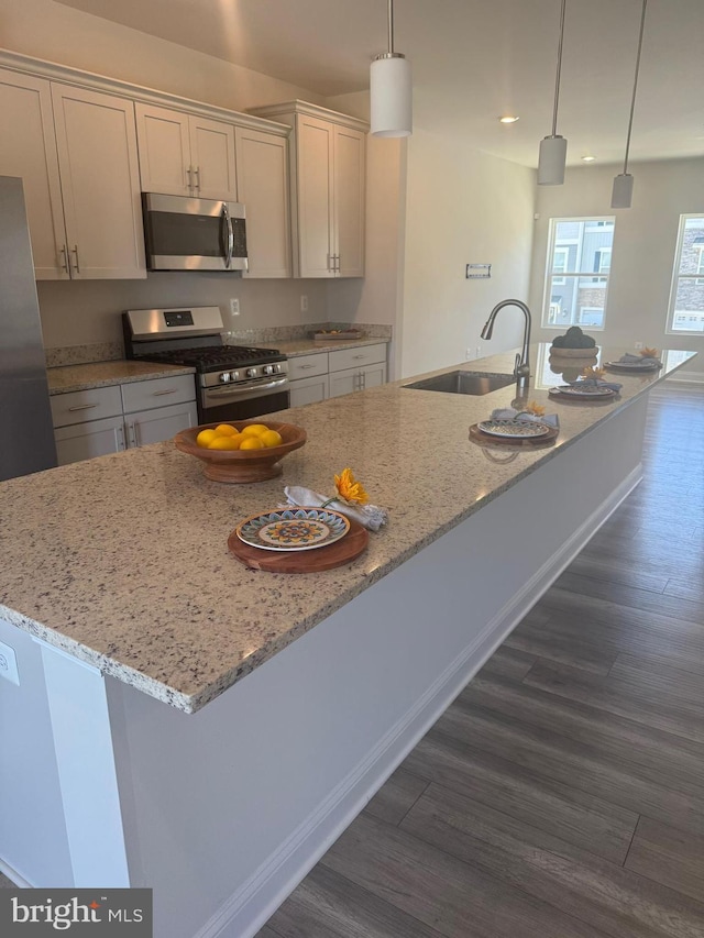 35146 Wright Way, Millsboro, DE 19966 - kitchen with appliances with stainless steel finishes, dark wood finished floors, recessed lighting, light stone counters, and pendant lighting
