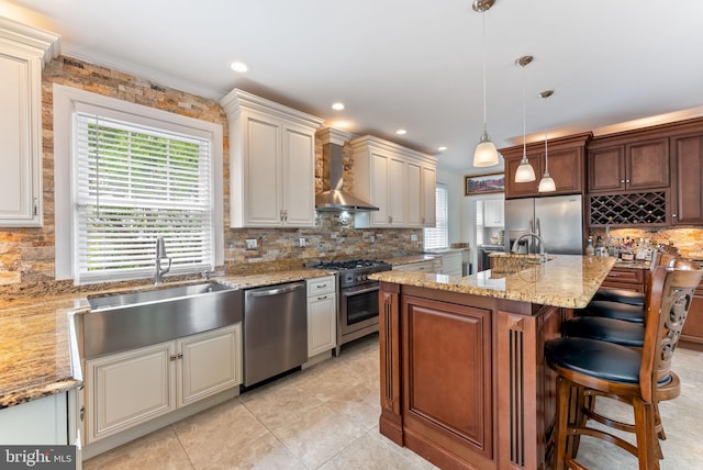 4600 Atlantic Ave, Atlantic City, NJ 08401 - kitchen with stainless steel appliances, wall chimney range hood, decorative backsplash, light tile patterned floors, and light stone counters
