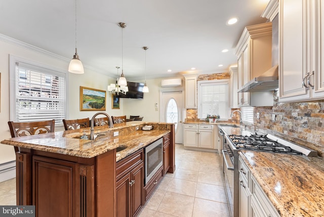 4600 Atlantic Ave, Atlantic City, NJ 08401 - kitchen featuring stainless steel appliances, backsplash, cream cabinets, a chandelier, and crown molding
