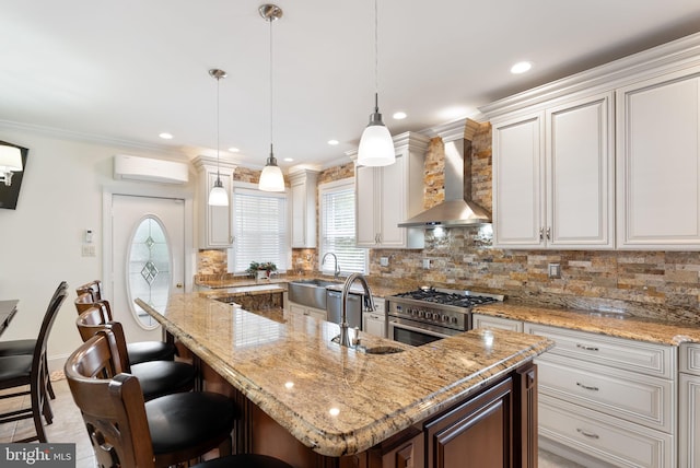 4600 Atlantic Ave, Atlantic City, NJ 08401 - kitchen with wall chimney exhaust hood, a wall mounted AC, high end stainless steel range oven, backsplash, and light stone countertops