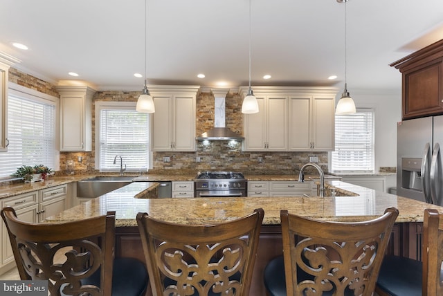 4600 Atlantic Ave, Atlantic City, NJ 08401 - kitchen with wall chimney range hood, appliances with stainless steel finishes, a kitchen island with sink, backsplash, and ornamental molding