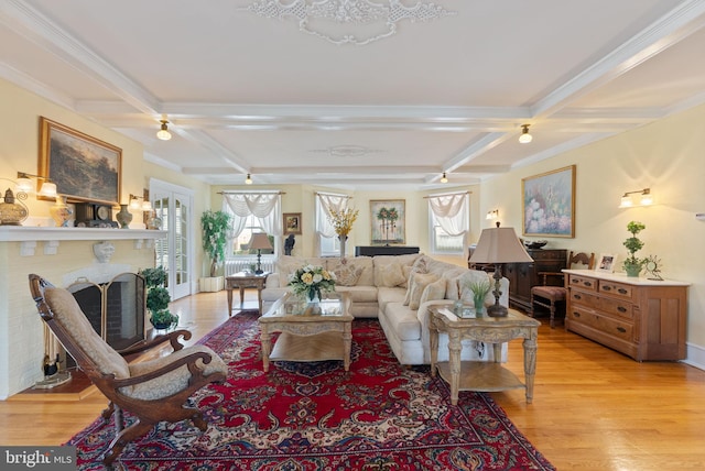 4600 Atlantic Ave, Atlantic City, NJ 08401 - living room featuring healthy amount of natural light, coffered ceiling, a brick fireplace, beamed ceiling, and light wood-type flooring
