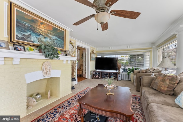 4600 Atlantic Ave, Atlantic City, NJ 08401 - carpeted living room with crown molding, a ceiling fan, a brick fireplace, and radiator heating unit
