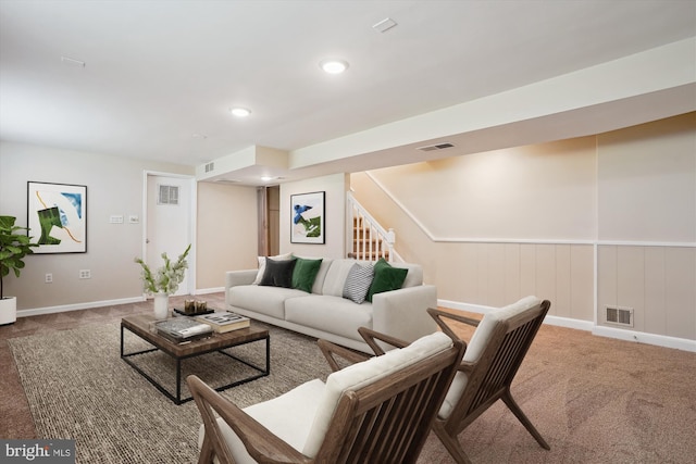5100 12th St NE, Washington, DC 20011 - living area with carpet flooring, stairs, and recessed lighting