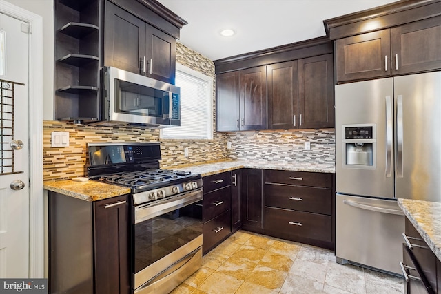 5100 12th St NE, Washington, DC 20011 - kitchen featuring appliances with stainless steel finishes, tasteful backsplash, open shelves, and dark brown cabinetry