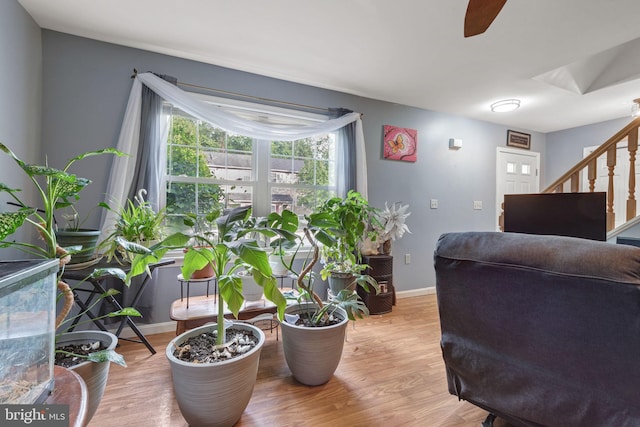 716 Euclid Ave, Lancaster, PA 17603 - living room featuring stairs, light wood-style flooring, and ceiling fan
