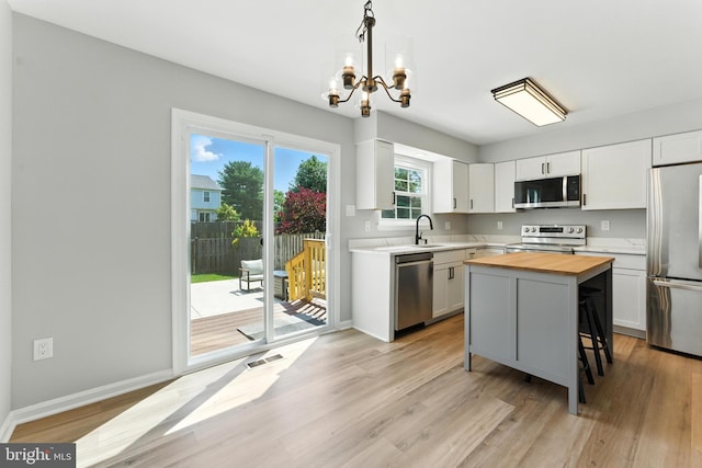 3159 Benton Square Dr, Olney, MD 20832 - kitchen with stainless steel appliances, butcher block counters, a chandelier, and light wood-style flooring