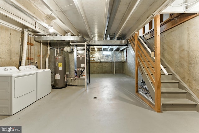 3159 Benton Square Dr, Olney, MD 20832 - unfinished below grade area with electric water heater, washer and clothes dryer, stairway, and heating unit