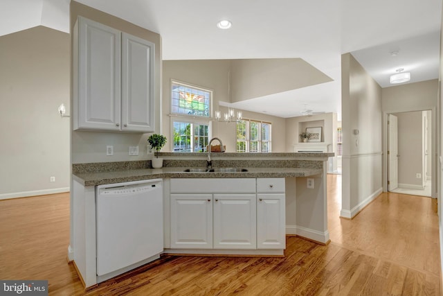 13854 Cinch Ln, Gainesville, VA 20155 - kitchen with dishwasher, light wood finished floors, a chandelier, vaulted ceiling, and recessed lighting