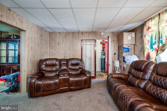 930 Elm St, Reading, PA 19601 - living room with a paneled ceiling, carpet floors, and wooden walls