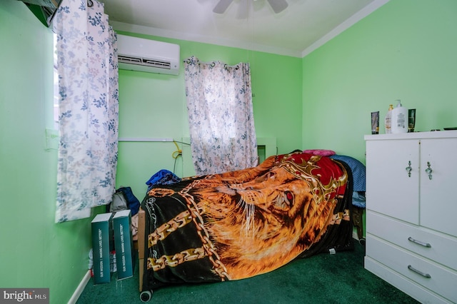 930 Elm St, Reading, PA 19601 - bedroom with a wall mounted air conditioner, carpet floors, crown molding, and ceiling fan