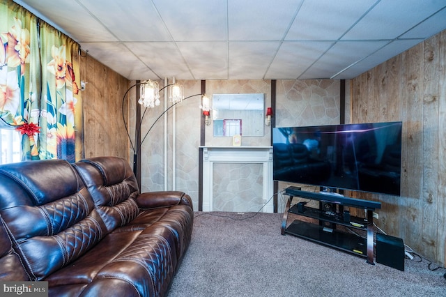 930 Elm St, Reading, PA 19601 - living room with carpet floors, wood walls, and a fireplace