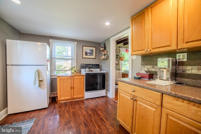 38 E Old Baltimore Pike, Media, PA 19063 - kitchen featuring freestanding refrigerator, range with electric stovetop, dark wood finished floors, decorative backsplash, and recessed lighting