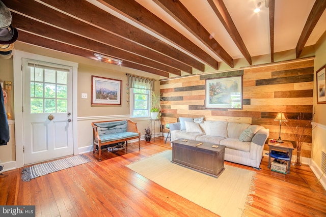 38 E Old Baltimore Pike, Media, PA 19063 - living area featuring wood-type flooring, wooden walls, track lighting, and beamed ceiling