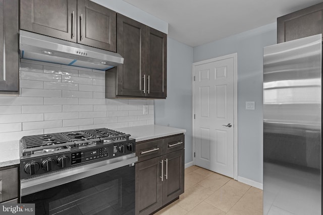 3647 Friar Rd, Philadelphia, PA 19154 - kitchen with stainless steel appliances, under cabinet range hood, dark brown cabinets, backsplash, and light tile patterned flooring