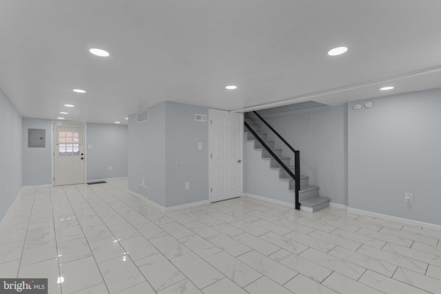 3647 Friar Rd, Philadelphia, PA 19154 - below grade area featuring recessed lighting, electric panel, stairway, and light marble finish floors