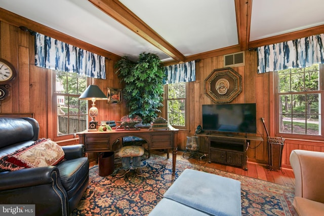 201 Laurence Dr, Moorestown, NJ 08057 - office area with wooden walls, beam ceiling, plenty of natural light, and hardwood / wood-style floors