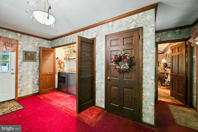 201 Laurence Dr, Moorestown, NJ 08057 - foyer featuring wallpapered walls, carpet flooring, ornamental molding, and washer and clothes dryer
