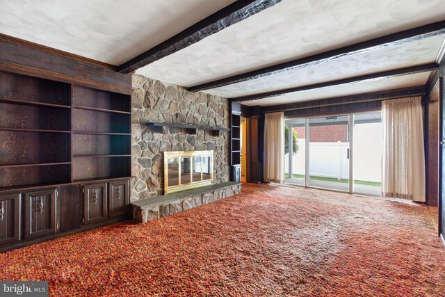 418 1st Ave, Clearfield, PA 16830 - unfurnished living room with beamed ceiling, carpet floors, and a fireplace