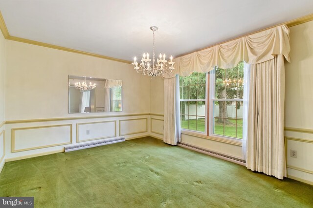 418 1st Ave, Clearfield, PA 16830 - unfurnished room with a baseboard heating unit, a chandelier, carpet floors, crown molding, and a decorative wall