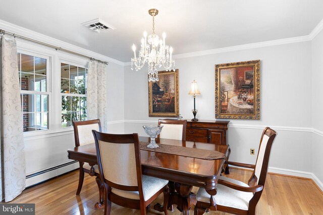 1512 Marsh Rd, Wilmington, DE 19803 - dining room featuring baseboard heating, wood finished floors, a chandelier, and ornamental molding