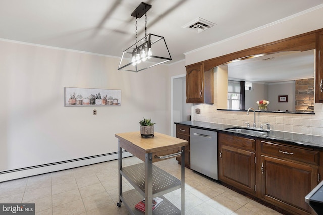 1512 Marsh Rd, Wilmington, DE 19803 - kitchen with dishwasher, dark countertops, tasteful backsplash, ornamental molding, and light tile patterned flooring