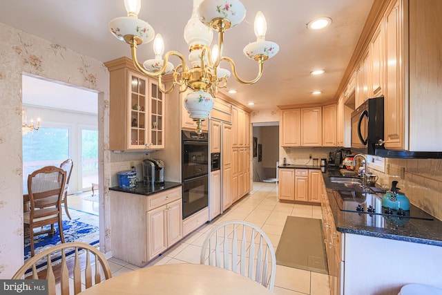 7119 Pheasant Cross Dr, Baltimore, MD 21209 - kitchen featuring a chandelier, black appliances, tasteful backsplash, light tile patterned floors, and recessed lighting