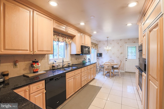 7119 Pheasant Cross Dr, Baltimore, MD 21209 - kitchen featuring black appliances, wallpapered walls, light brown cabinetry, hanging light fixtures, and recessed lighting