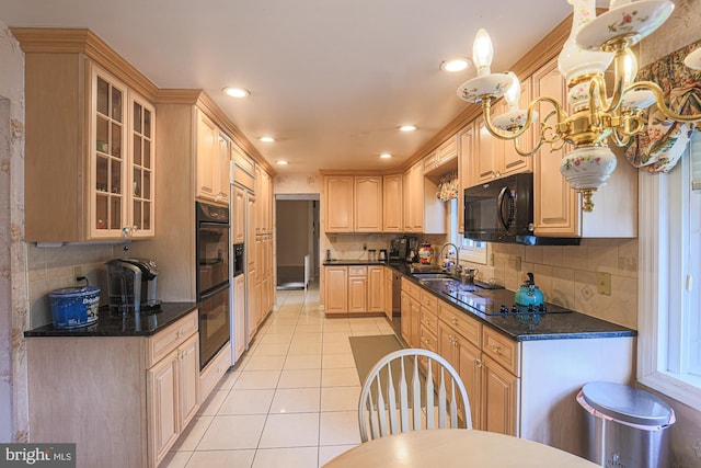 7119 Pheasant Cross Dr, Baltimore, MD 21209 - kitchen featuring black appliances, light tile patterned floors, recessed lighting, backsplash, and glass insert cabinets