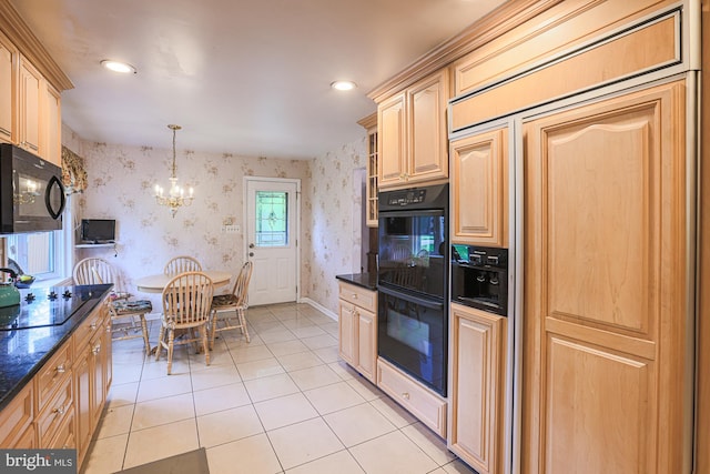 7119 Pheasant Cross Dr, Baltimore, MD 21209 - kitchen featuring black appliances, wallpapered walls, a chandelier, light tile patterned floors, and light brown cabinets