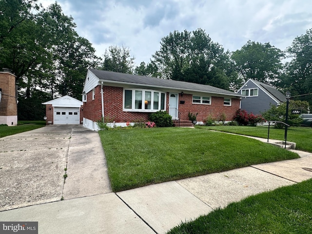1531 Pickett Rd, Lutherville Timonium, MD 21093 - ranch-style house with brick siding, an outbuilding, concrete driveway, a garage, and a front yard