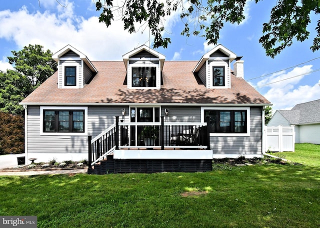 1437 Hilltop Rd, Pottstown, PA 19464 - cape cod house with a front lawn, a deck, a chimney, and roof with shingles