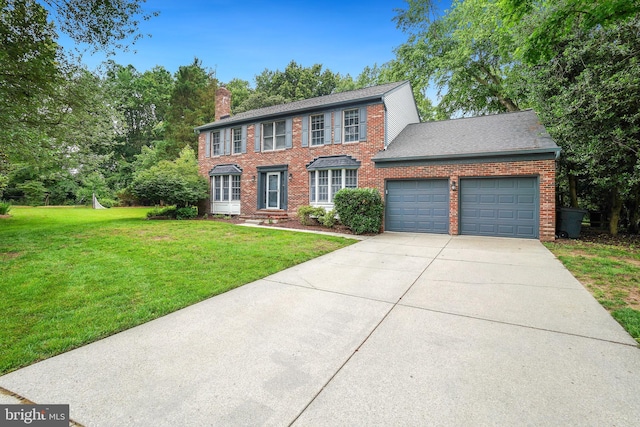 7 Somerset Ct, Annapolis, MD 21403 - colonial inspired home with an attached garage, brick siding, a front yard, concrete driveway, and a chimney