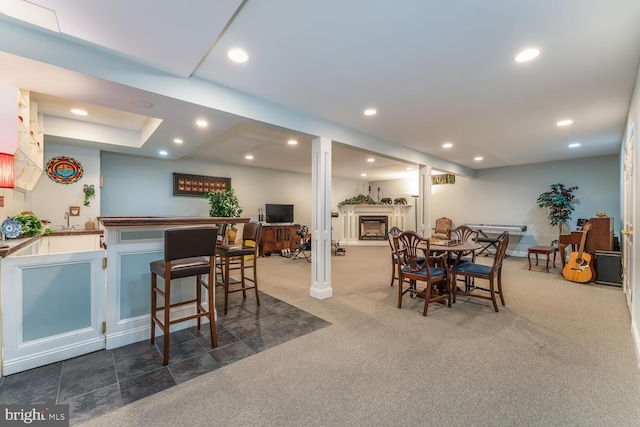 17 Paddock Ln, Flemington, NJ 08822 - dining space featuring recessed lighting, dark carpet, and a fireplace