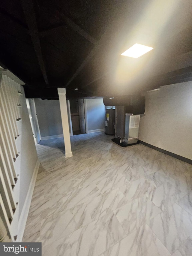 1608 Howard, Baltimore, MD 21221 - basement with water heater, heating unit, and marble look tiles