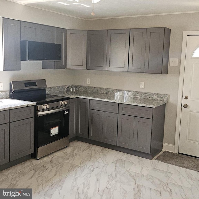 1608 Howard, Baltimore, MD 21221 - kitchen with stainless steel range with electric stovetop, gray cabinetry, light marble finish floors, ornamental molding, and light stone counters