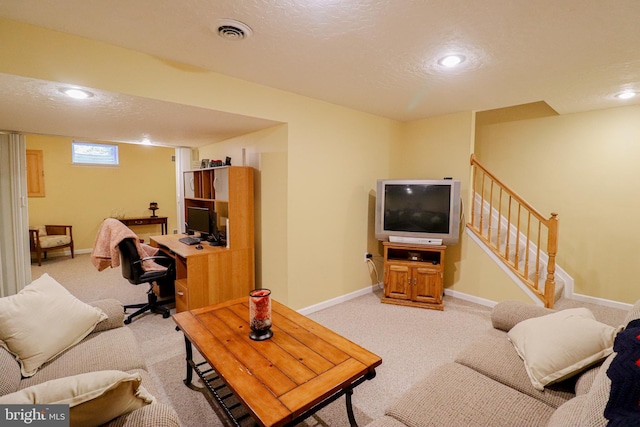 365 Charles Cir, Hellam, PA 17406 - living room with light carpet, recessed lighting, a desk, stairway, and a textured ceiling