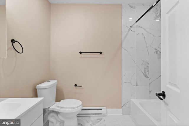 2839 N 9th St, Philadelphia, PA 19133 - bathroom with a baseboard radiator, vanity, marble look tile flooring, and a combined bath / shower with marble appearance