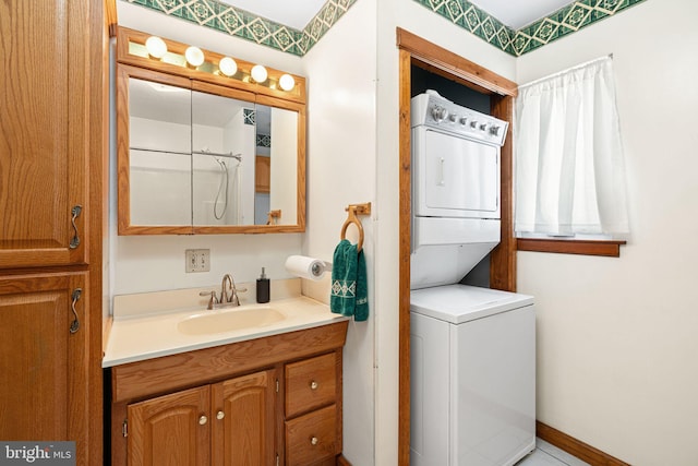 942 Paul St, Gloucester City, NJ 08030 - bathroom with stacked washer / dryer and vanity