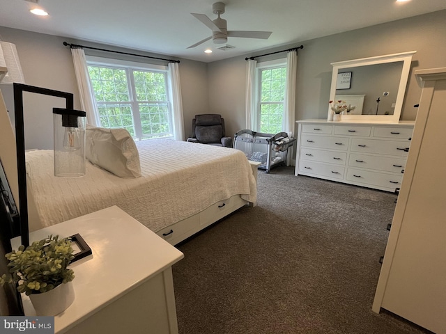 148 Five Points Rd, Mertztown, PA 19539 - bedroom featuring multiple windows, dark colored carpet, recessed lighting, and a ceiling fan