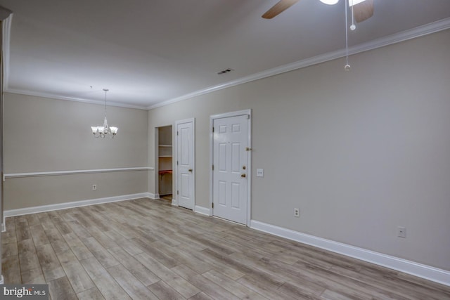 2902 Waters Edge Dr Unit 261, Newark, DE 19702 - unfurnished room featuring a ceiling fan, ornamental molding, light wood-style flooring, and a chandelier