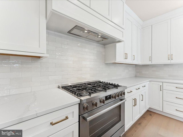 738 S Matlack St, West Chester, PA 19382 - kitchen featuring high end stove, white cabinetry, tasteful backsplash, and light wood finished floors
