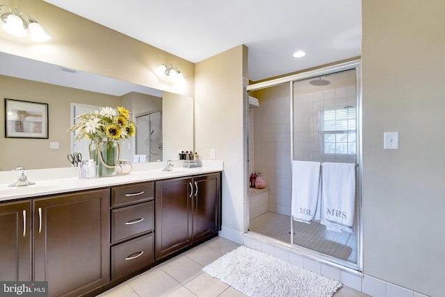 3017 Bainbridge Dr, Lansdale, PA 19446 - bathroom featuring double vanity, a stall shower, and tile patterned floors